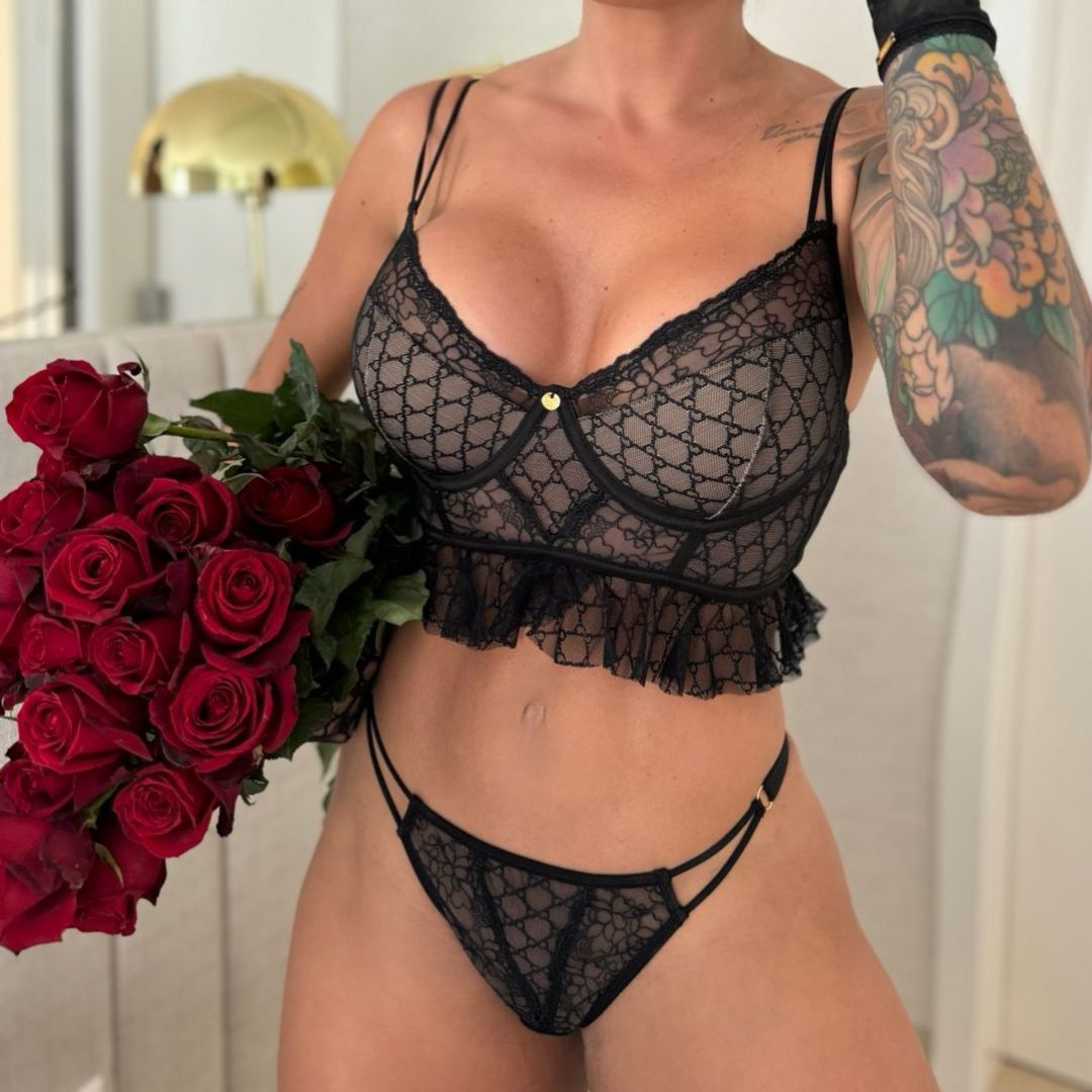 Black Cropped Lingerie Set in Lined Tulle