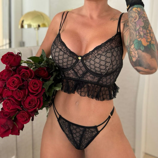 Black Cropped Lingerie Set in Lined Tulle