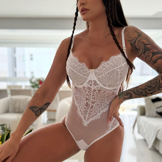 Elegant White Lace & Tulle Bodysuit